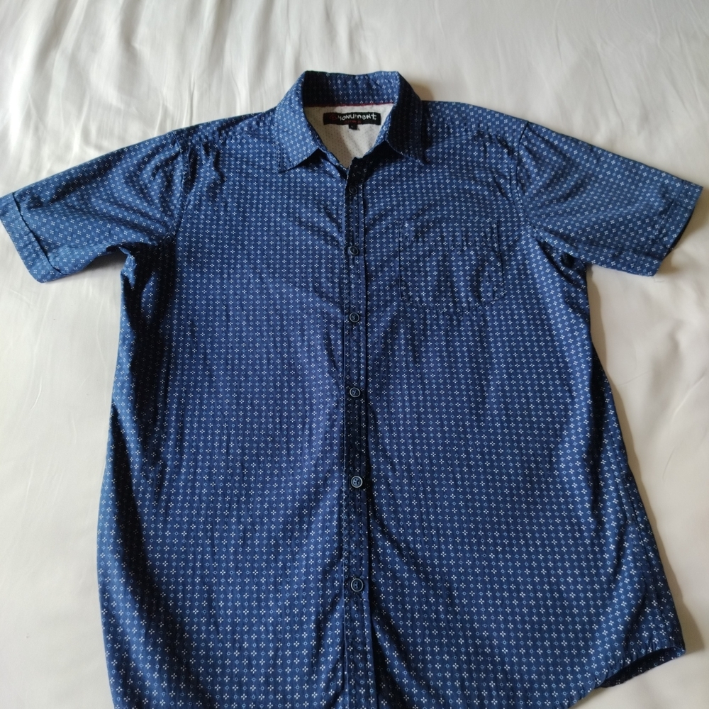 Monument Men's Blue Patterned Short Sleeve Shirt Large